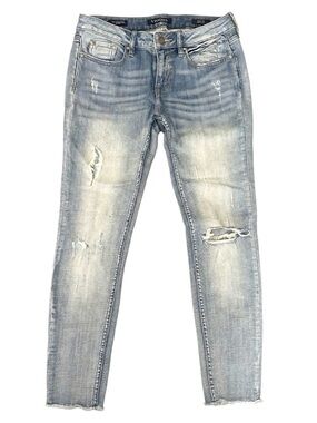 EUC Women’s Vigoss Distressed Light Blue Premium Denim Skinny Jeans Raw Hem 28